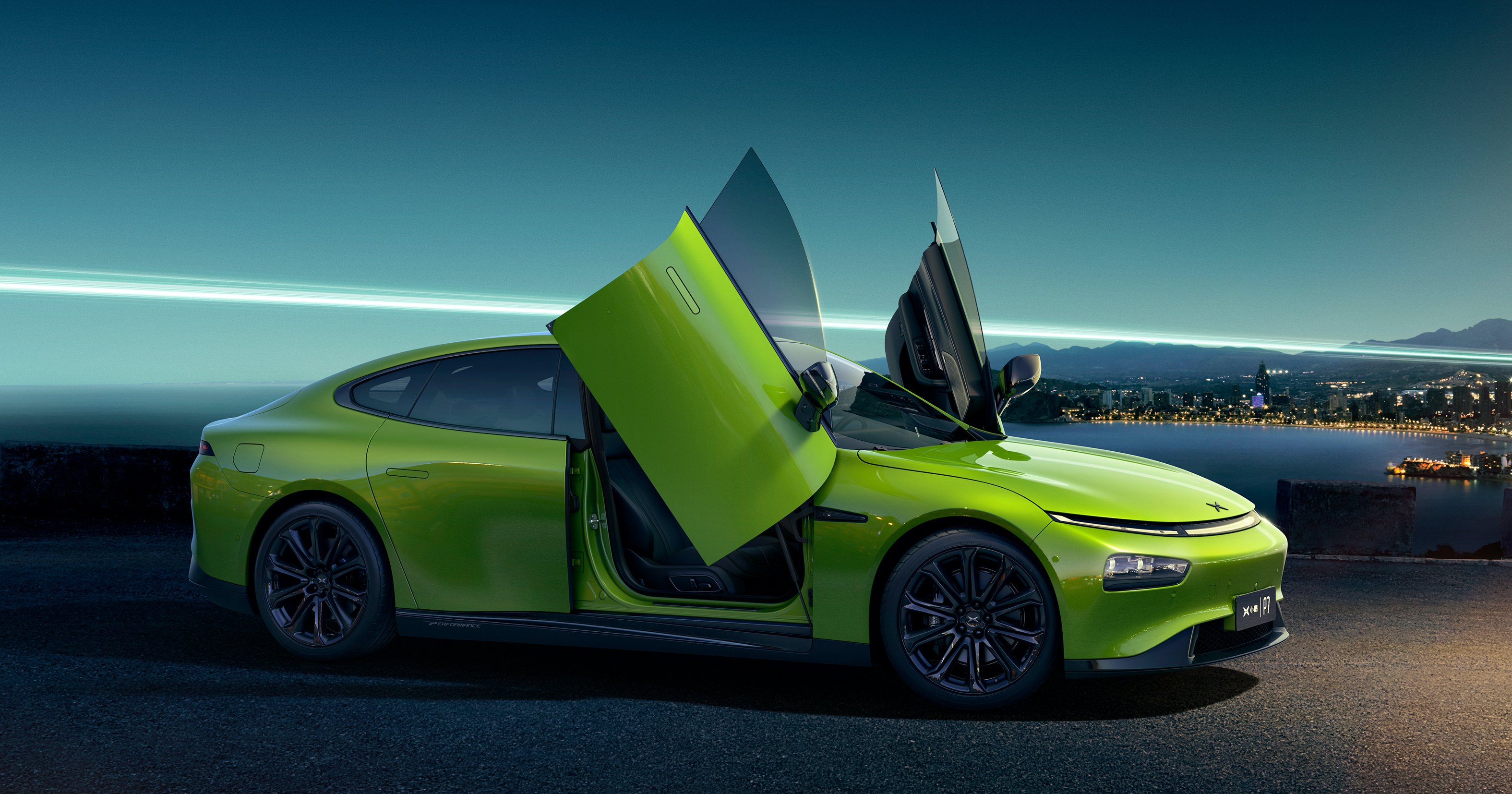 A lime-green Xpeng P7 Wing, an electric sedan with doors that open upwards. 