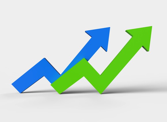 Blue and green lines with arrows pointing up