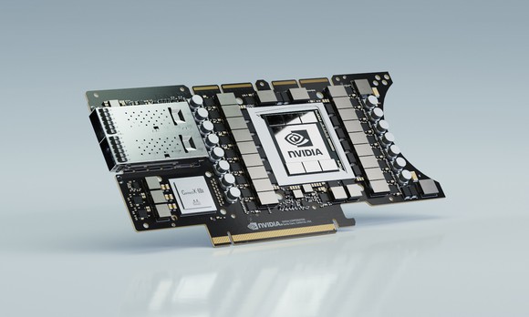 NVIDIA EGX A100 converged accelerator, featuring Mellanox adapter and NVIDIA GPUs.
