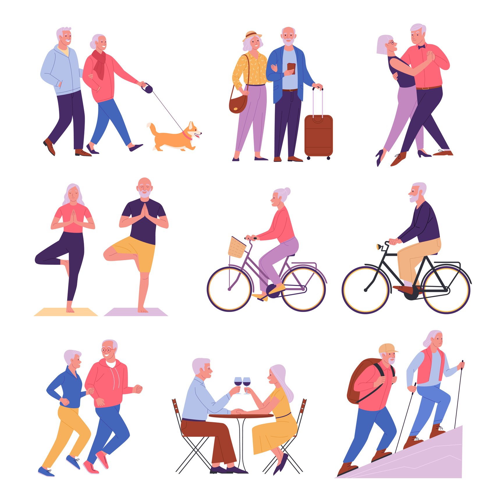Cartoons of seniors exercising and traveling