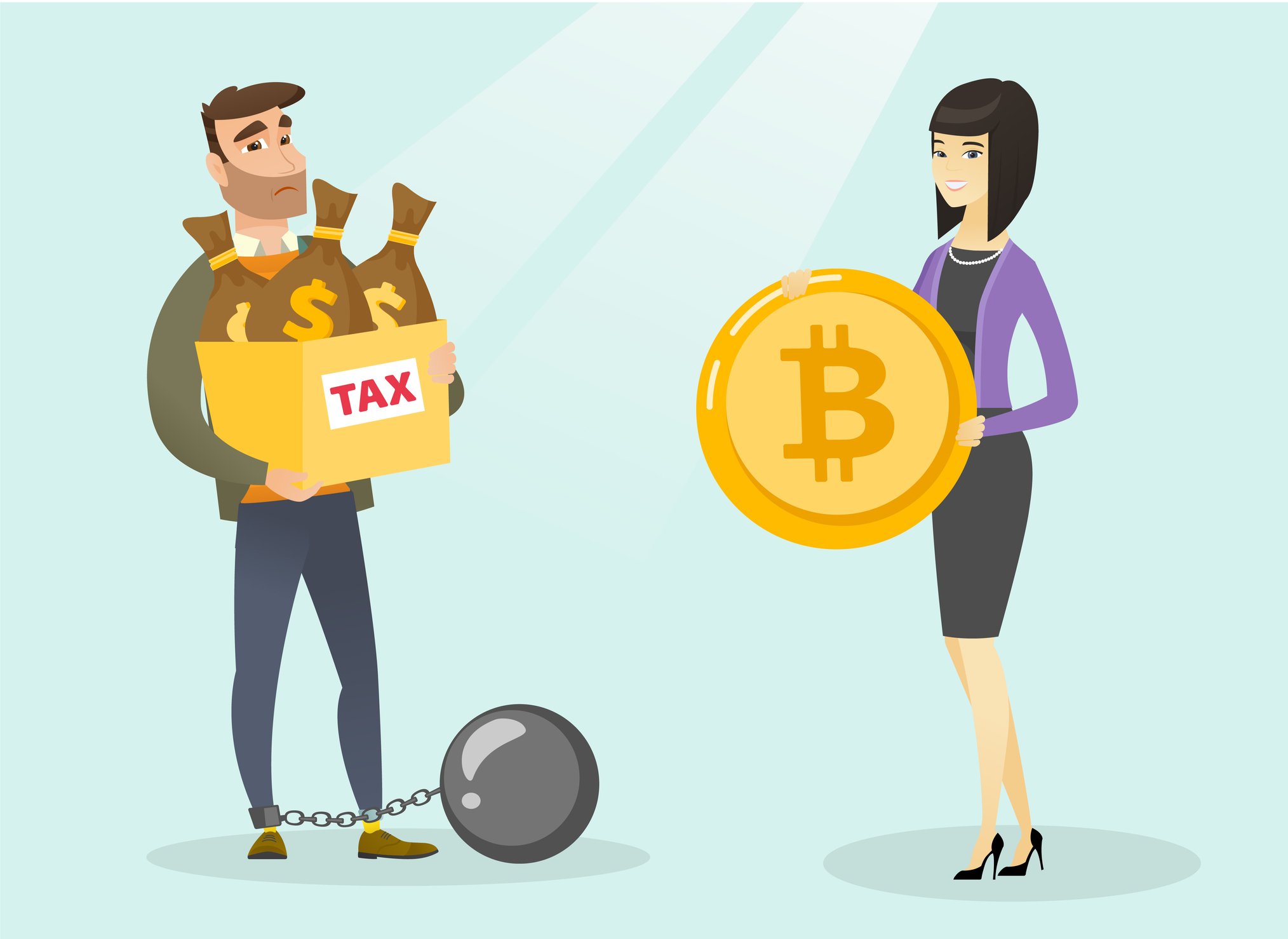 Young man holding a box of money that says tax and a woman holding a Bitcoin token