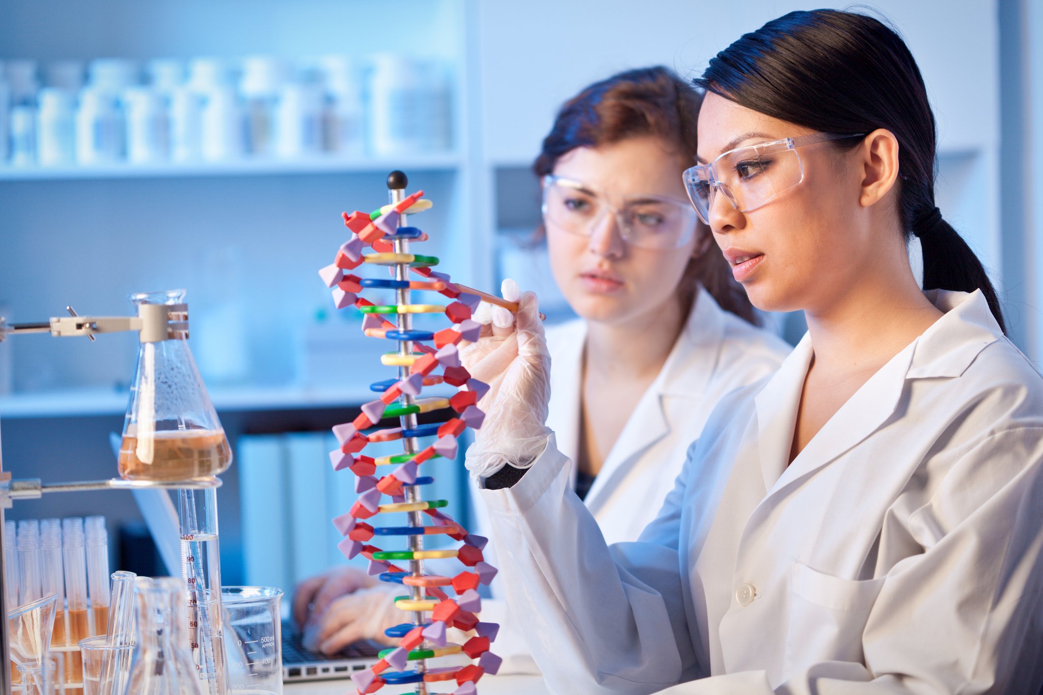 Two female researchers studying a DNA double helix model.