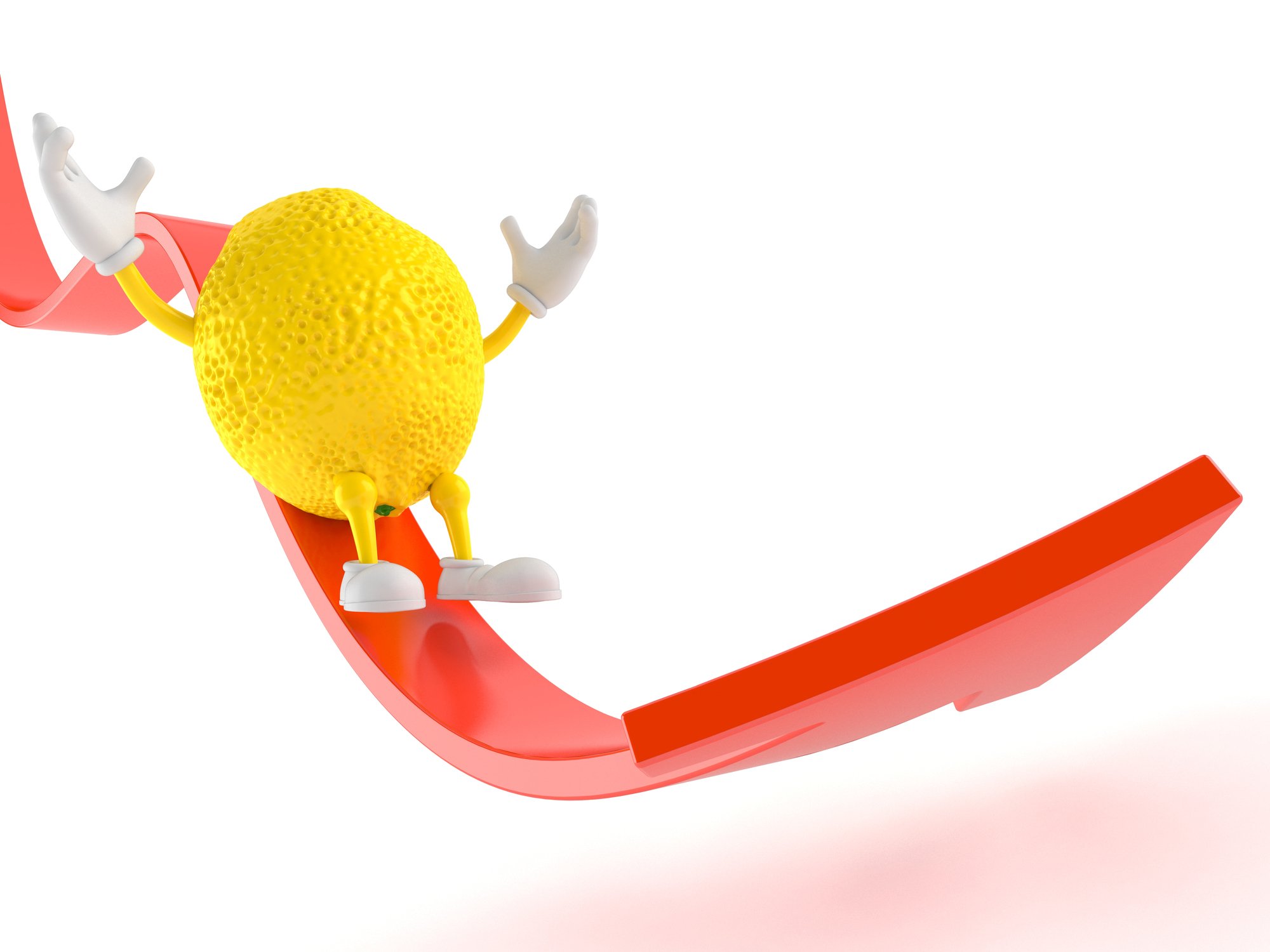 A lemon with arms and legs slides down on a red charting arrow.