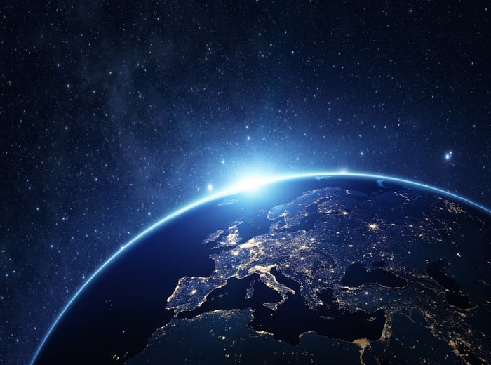 A view of Earth from space. the European continent is centered.