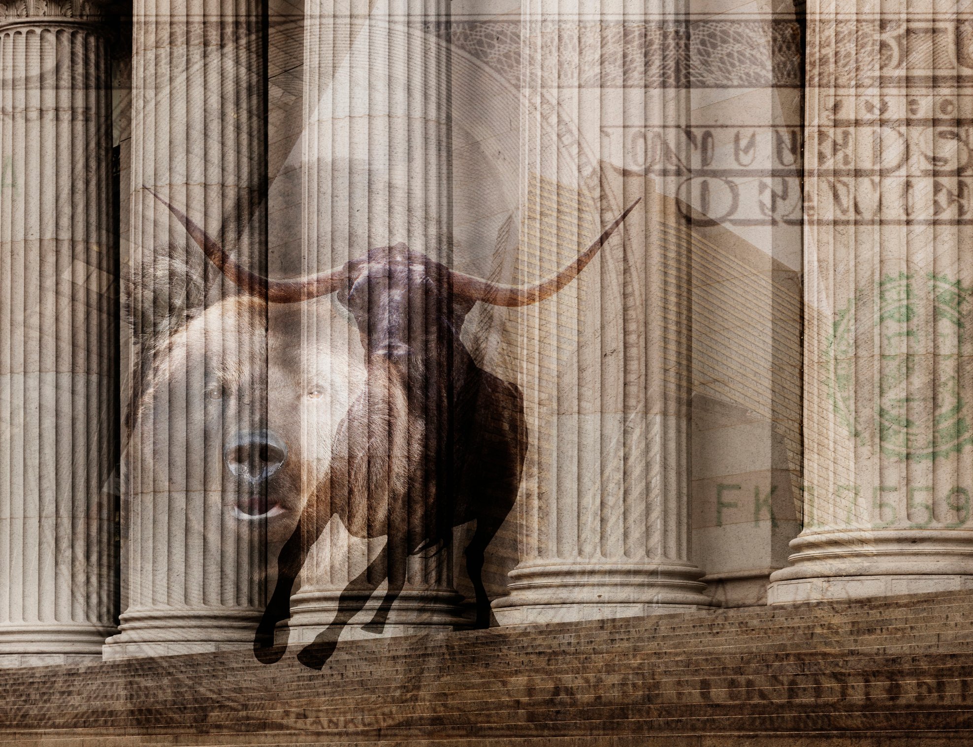 A bull,  bear, and $100 bill superimposed over the marble pillars outside a financial institution.