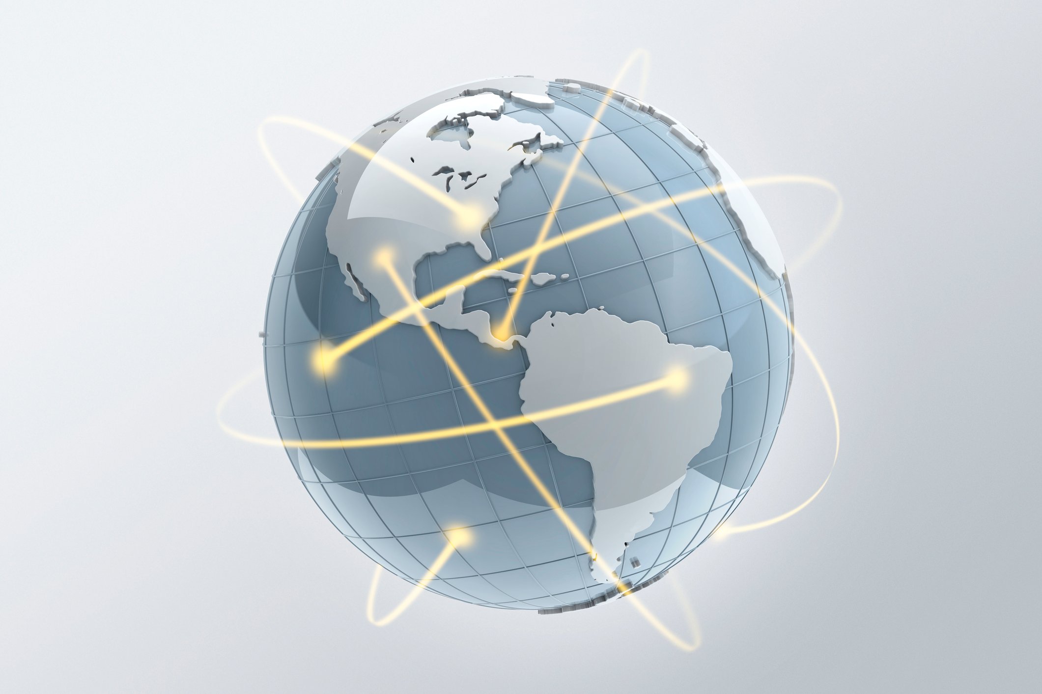 A globe with yellow lines circling around it.