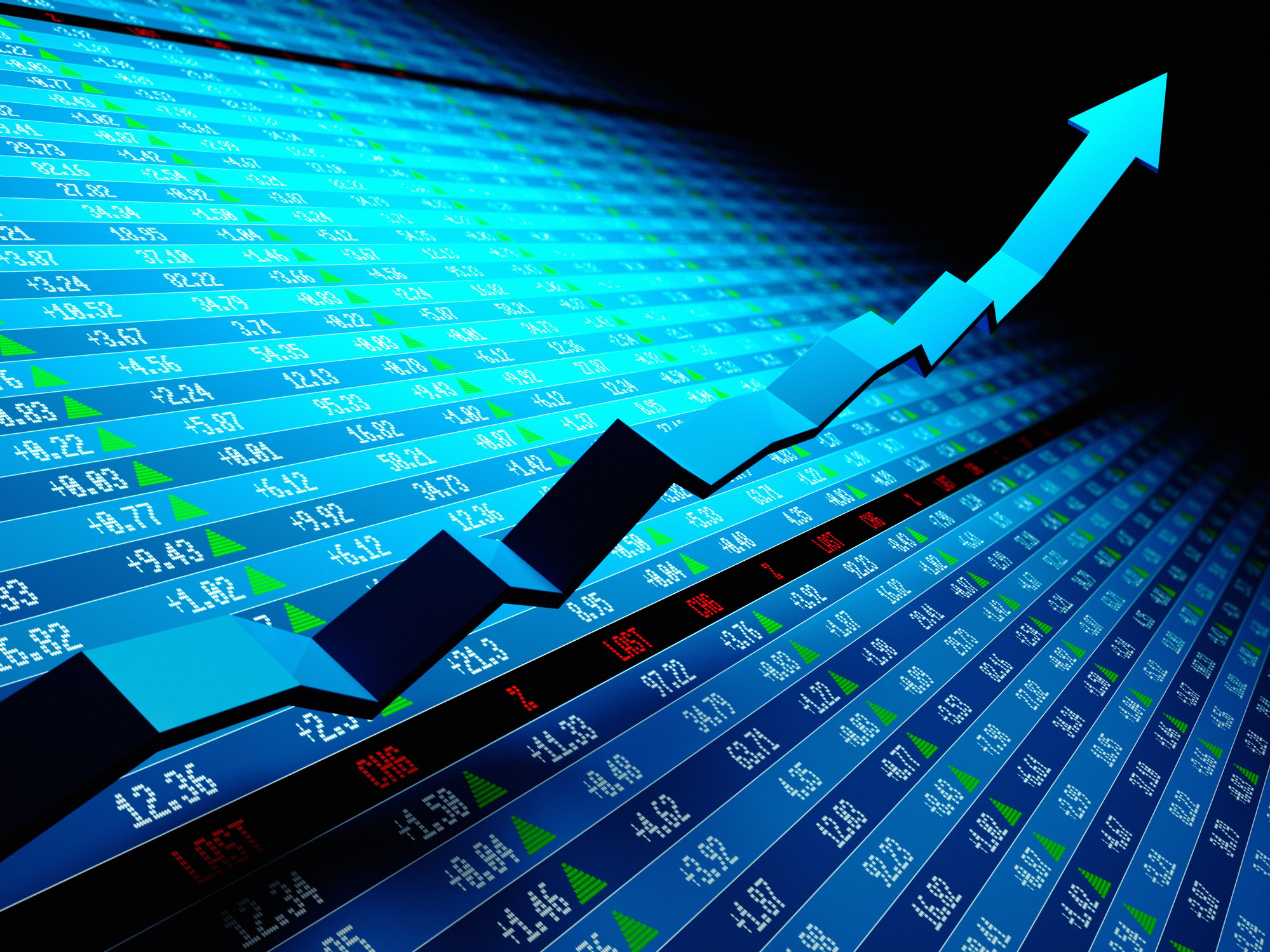 A large stock chart with a blue arrow going up.