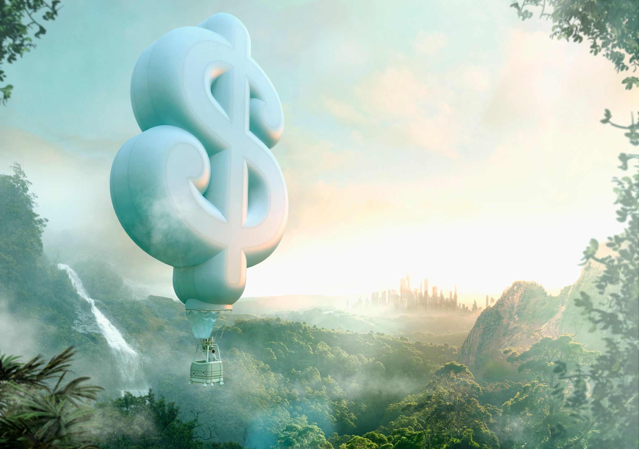 A person traveling in an air balloon shaped like a dollar sign. 