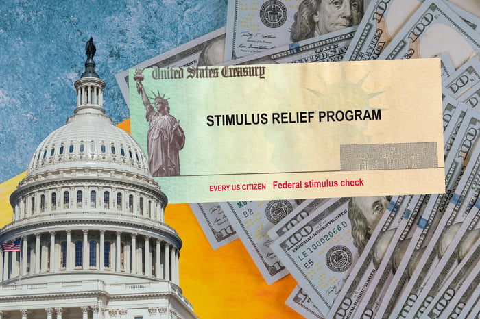 Collage of stimulus check, hundred-dollar bills, and U.S. Capitol.