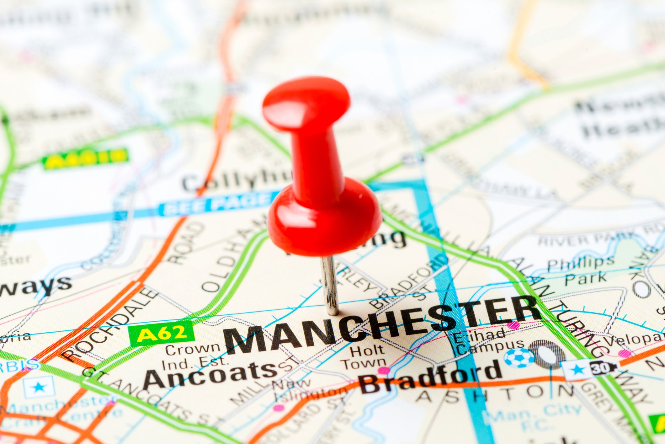 Map of Manchester, U.K., with a red pin in it