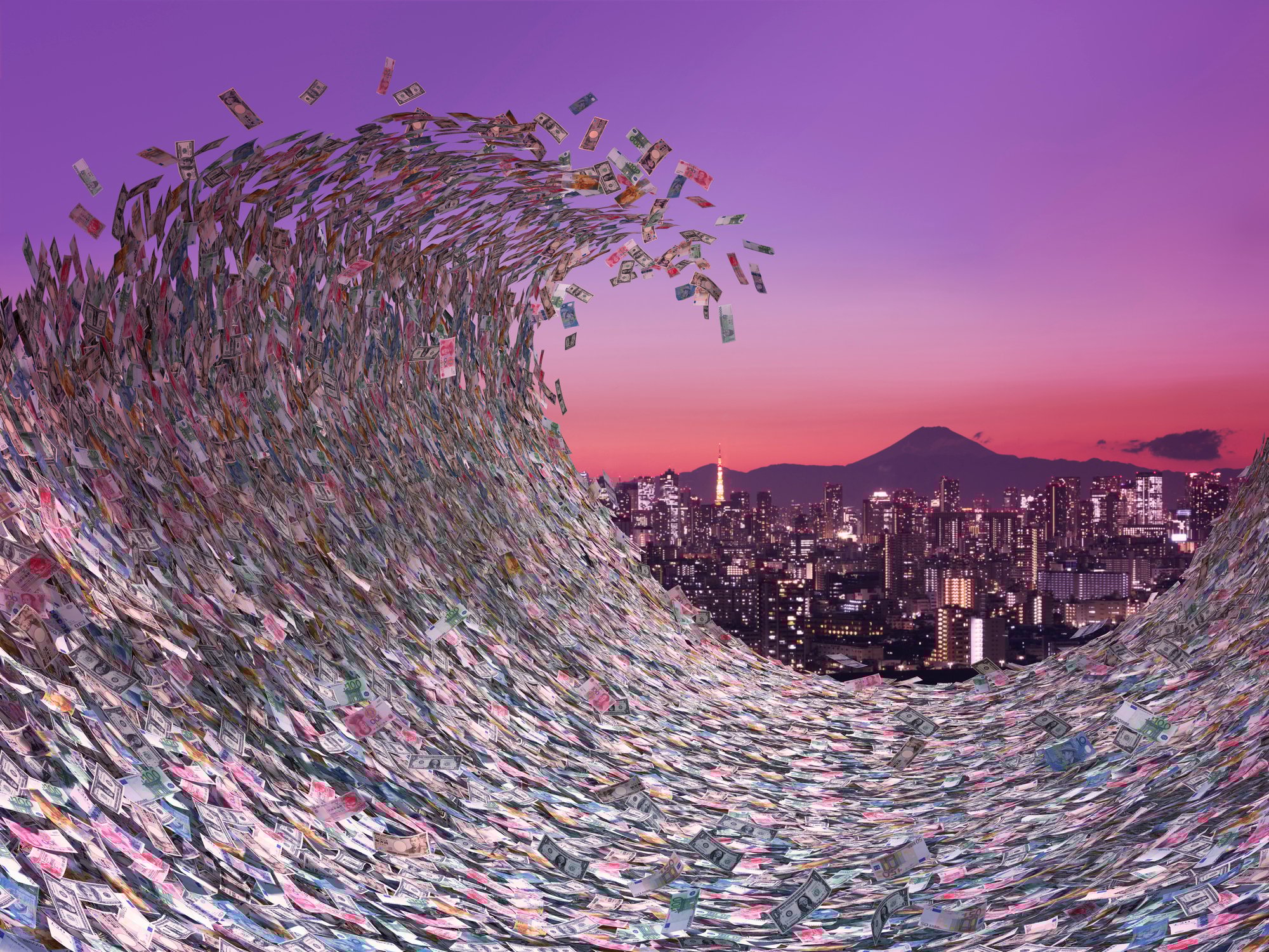 Tidal wave of cash with city in the background.