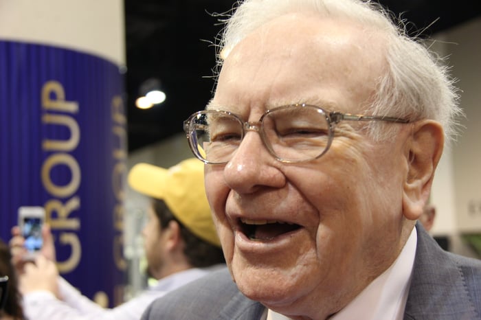 A jubilant Warren Buffett at his company's annual shareholder meeting. 