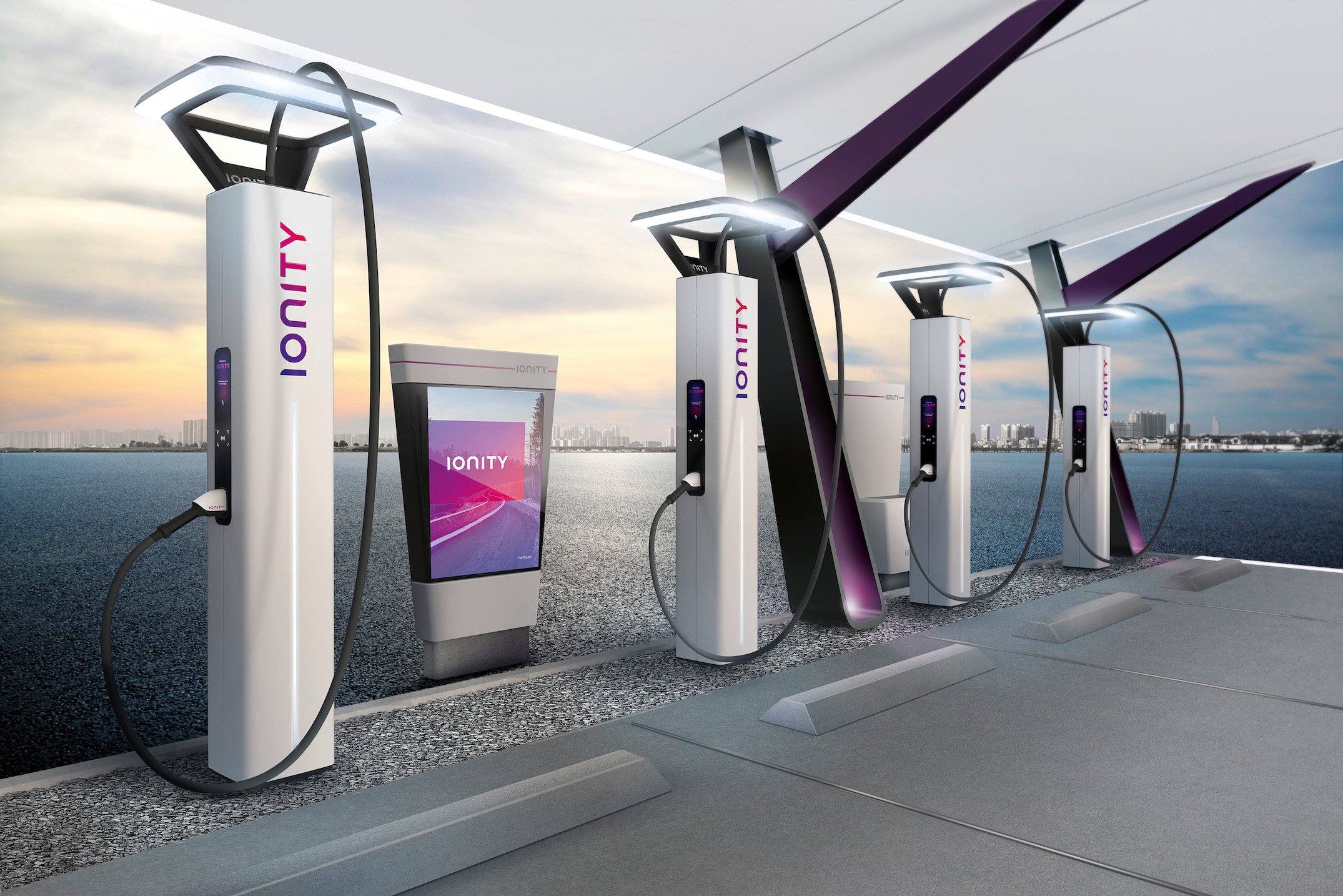 A row of Ionity electric-vehicle chargers.