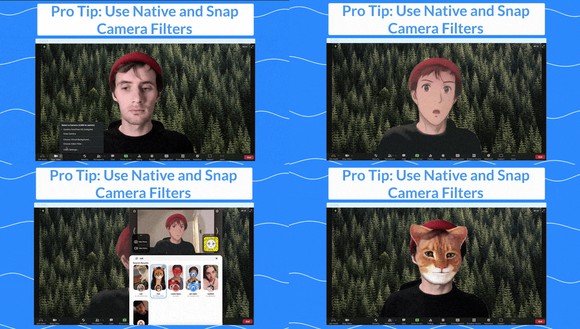 screenshots show how avatar filters can be added to Zoom Video screens.