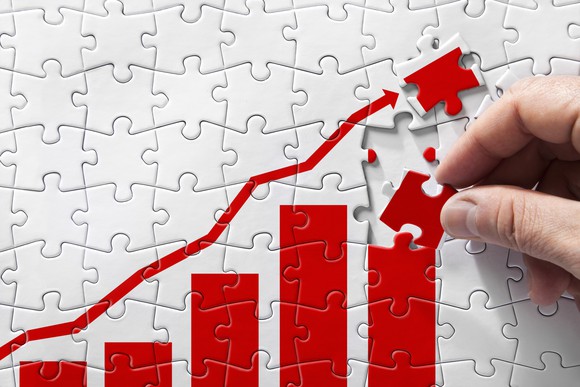 A puzzle of a rising chart being pieced together.