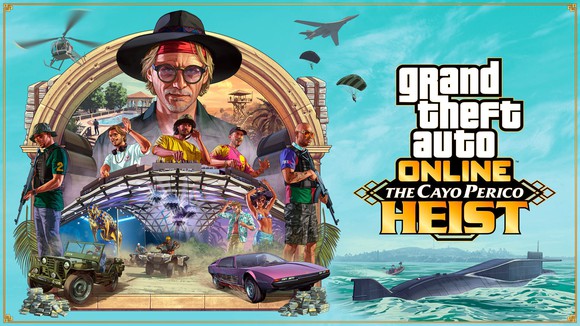 Game art for Grand Theft Auto Online's Cayo Perico Heist update.