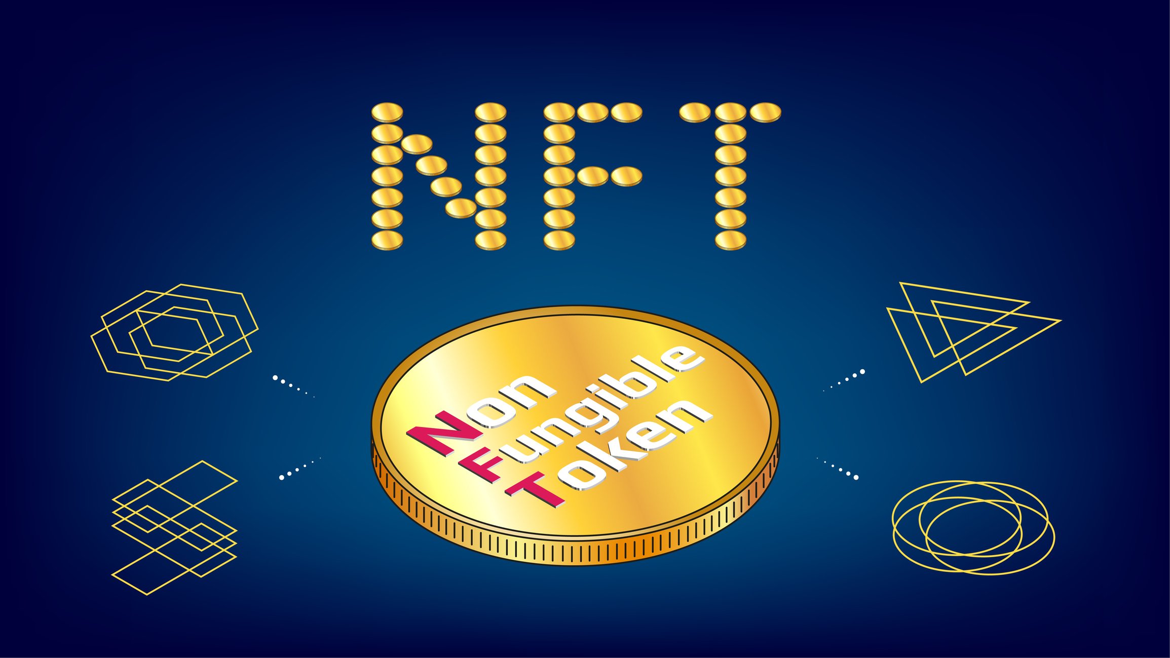 The letters NFT and symbols representing non-fungible tokens