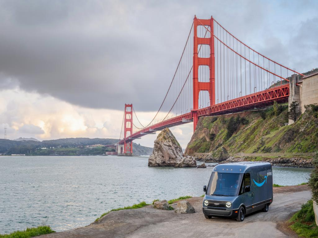 Amazon electric delivery van with Golden Gate bridge in background.