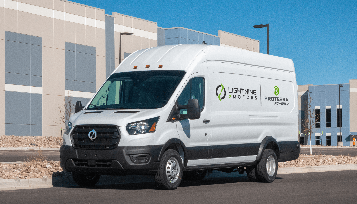 An electric delivery van made by Lightning eMotors and Proterra