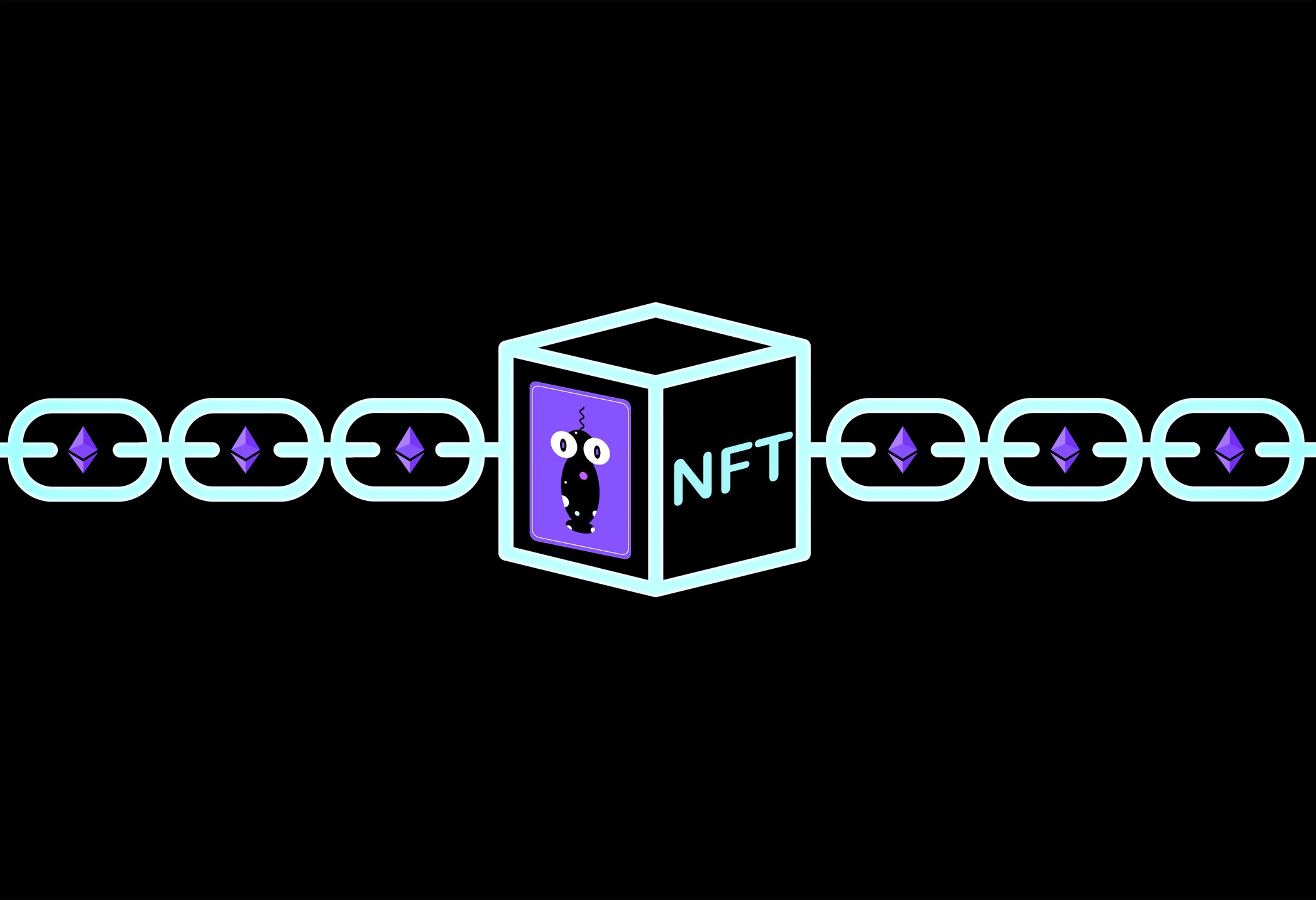Picture of a chain with a square in the center that says NFT.