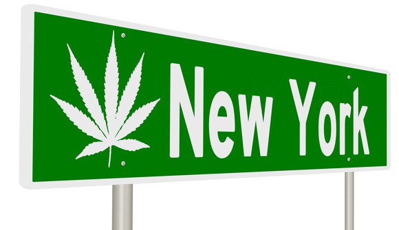 Sign with a cannabis leaf next to "New York"