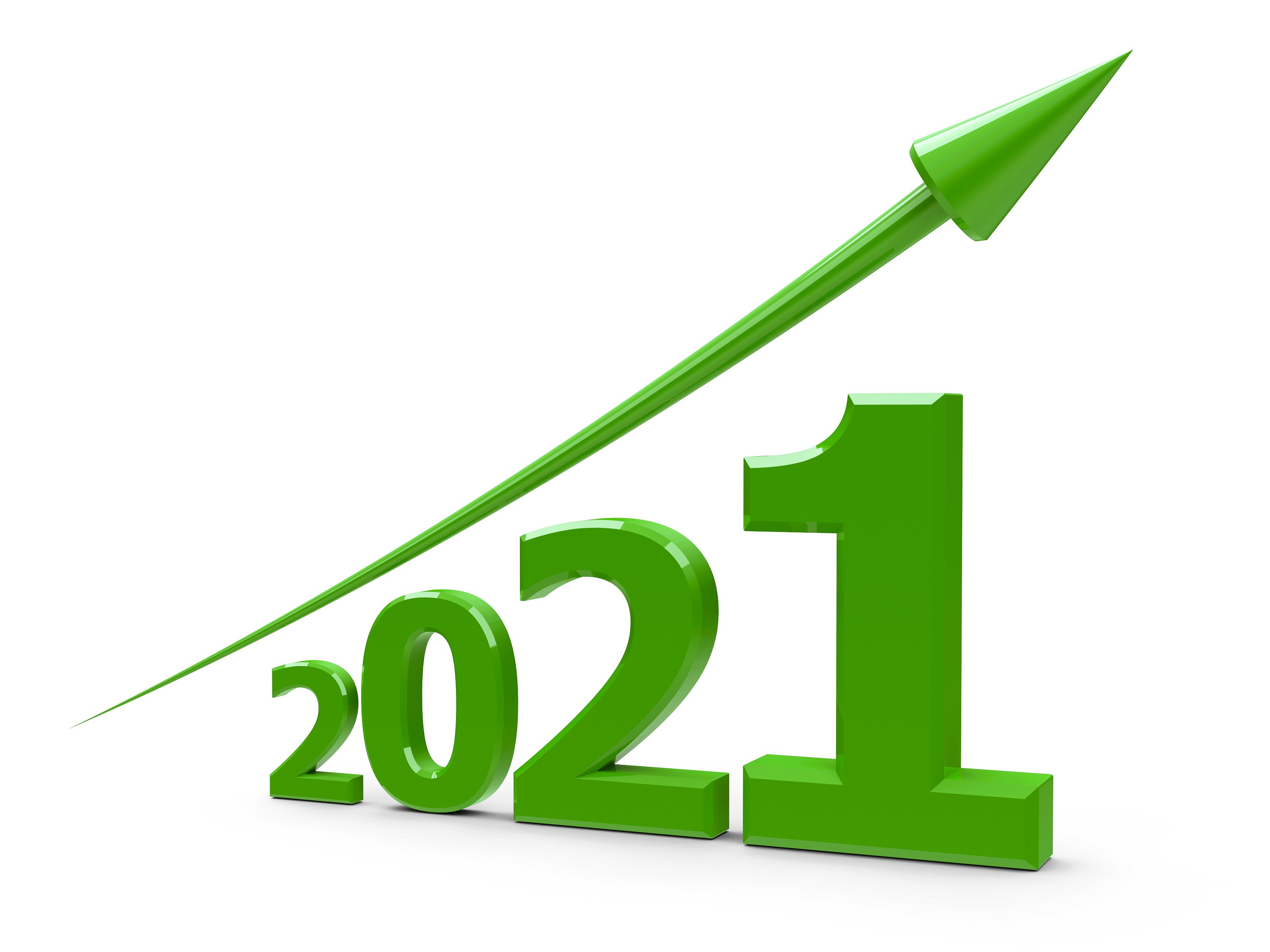 Green arrow trending up over the numerals 2021.