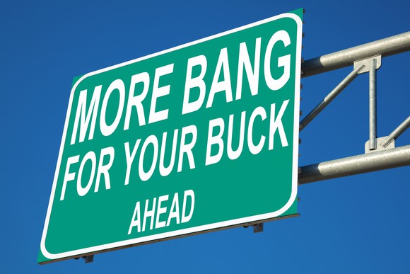 A green road sign that says, "More Bang for Your Buck Ahead."