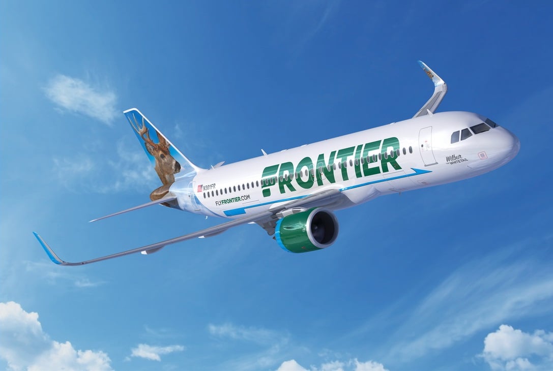 A Frontier Airbus A320 NEO in flight.
