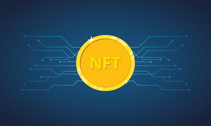 NFT gold token against a blue background