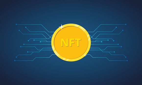 NFT gold token against a blue background