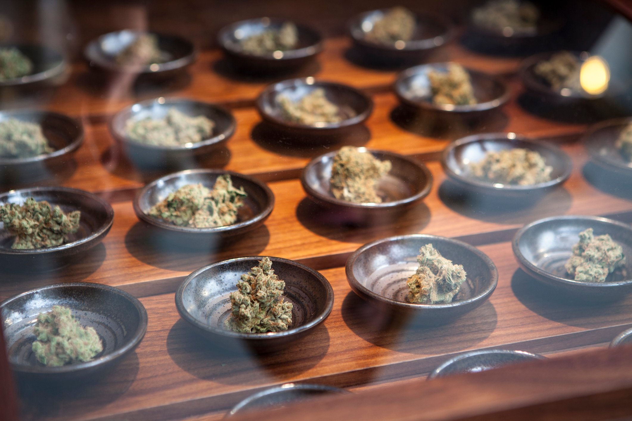 Cannabis buds in small dishes behind glass. 
