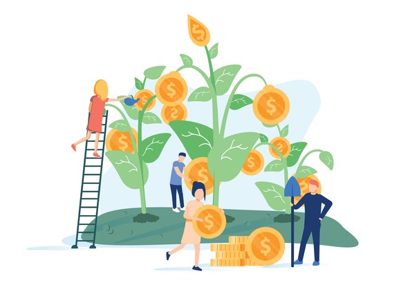 People picking coins from a tree.