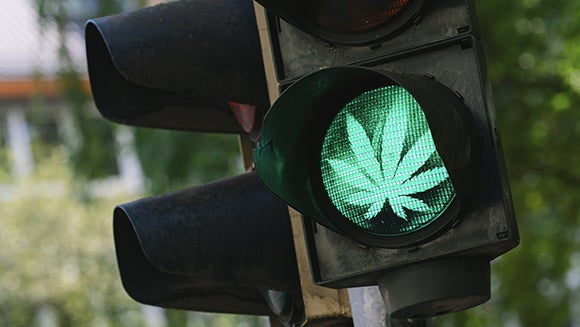 A green streetlight shows a marijuana leaf.