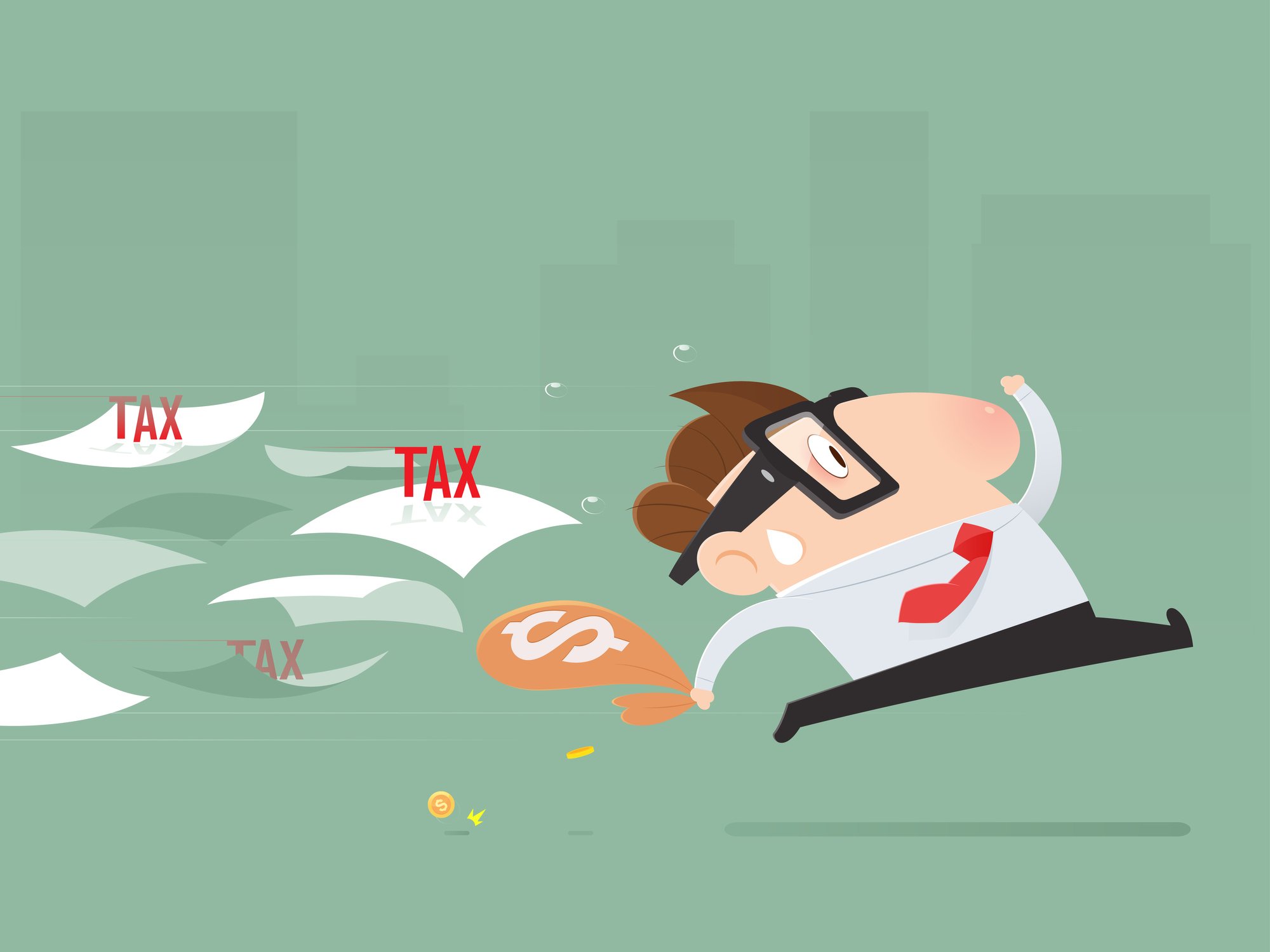 Man running from papers labeled Tax 