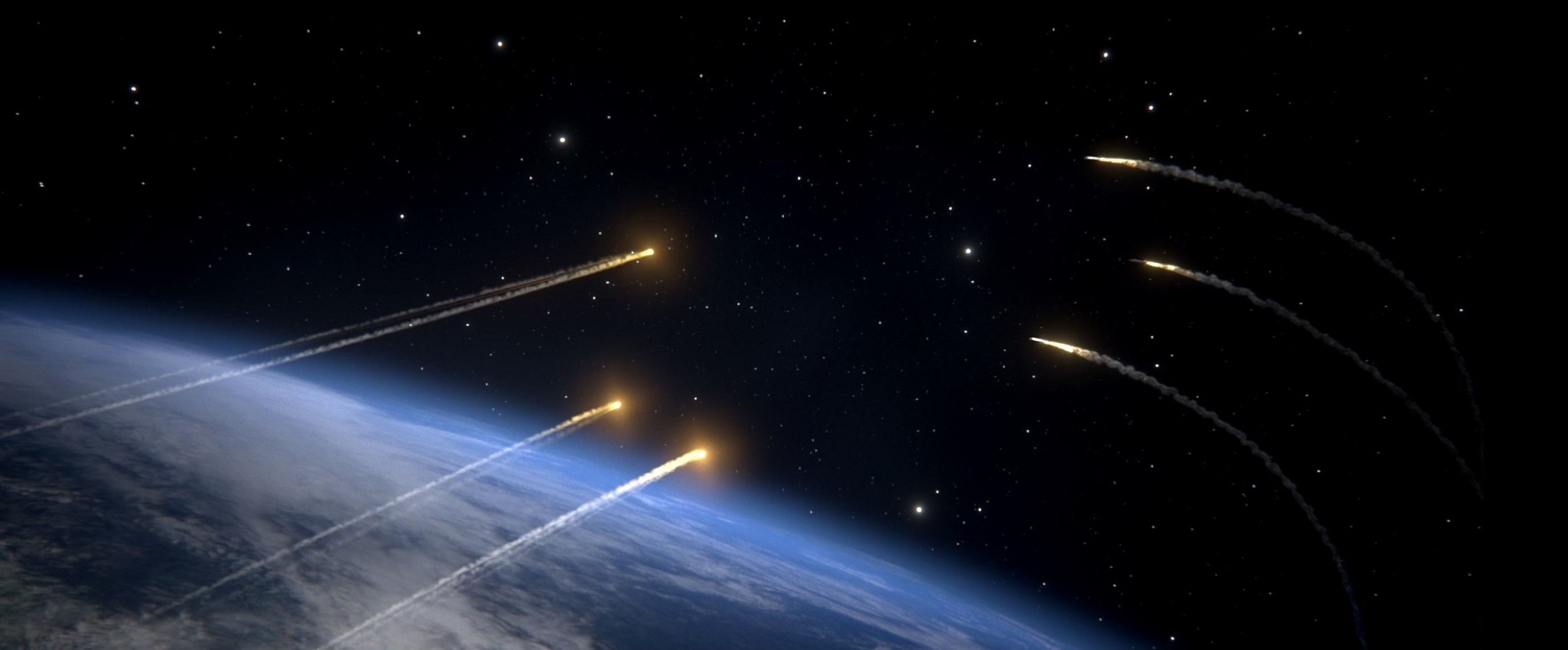 Rendering of missile defense shots targeting incoming missiles.