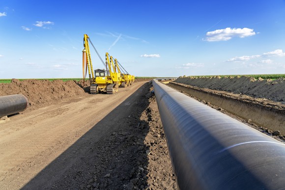 Gas pipeline along with construction equipment under blue sky. 