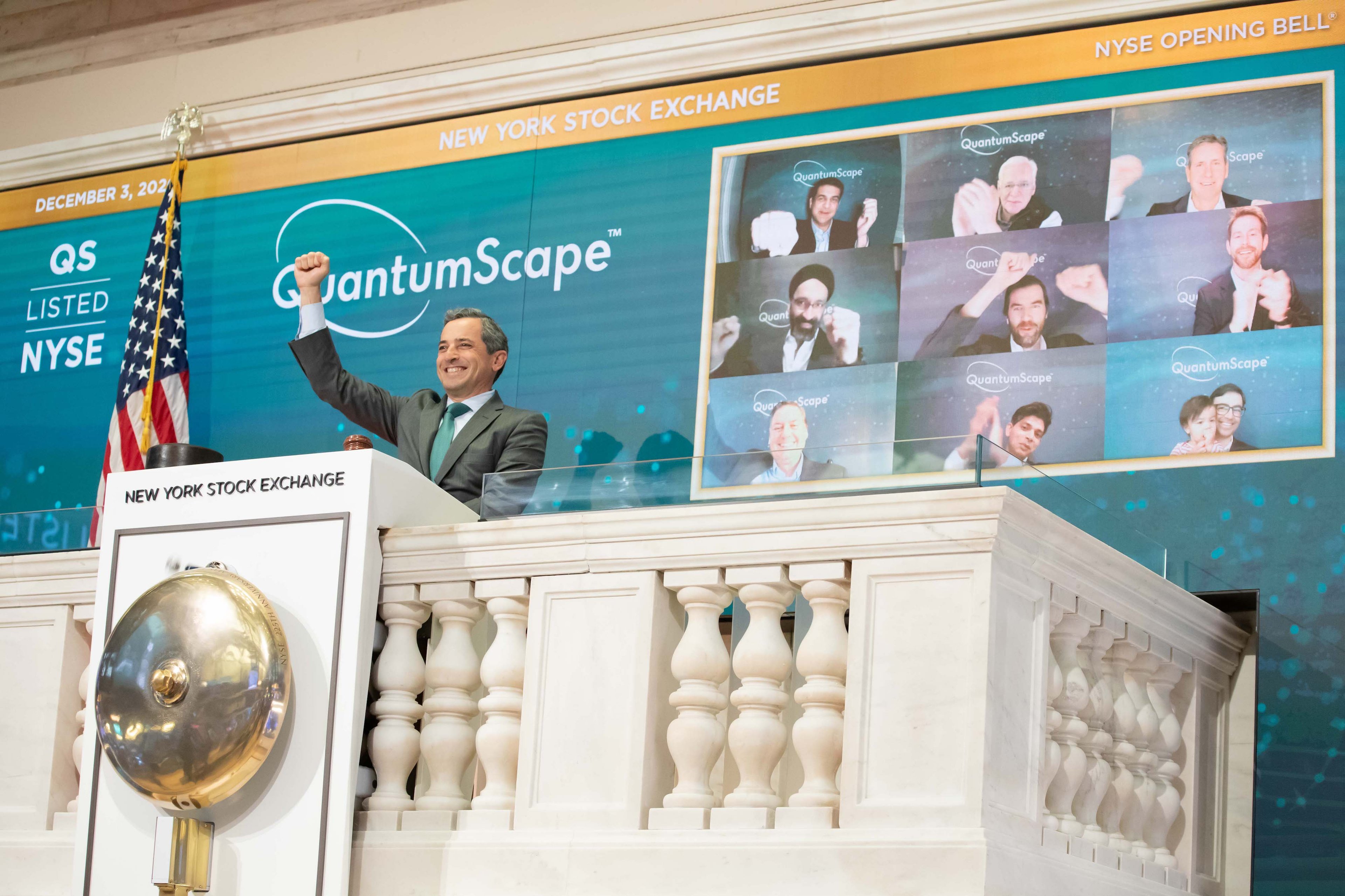 QuantumScape CEO ringing NYSE opening bell on day of public listing.