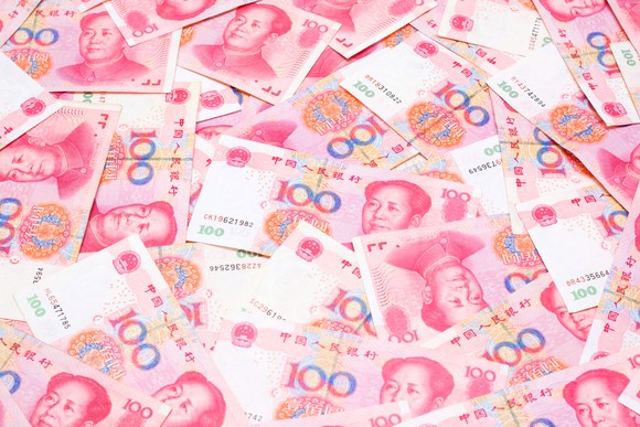 Stacks of 100 yuan notes.