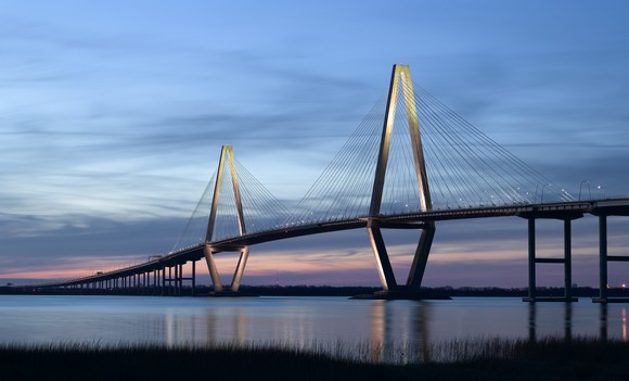 A long bridge over water at night.