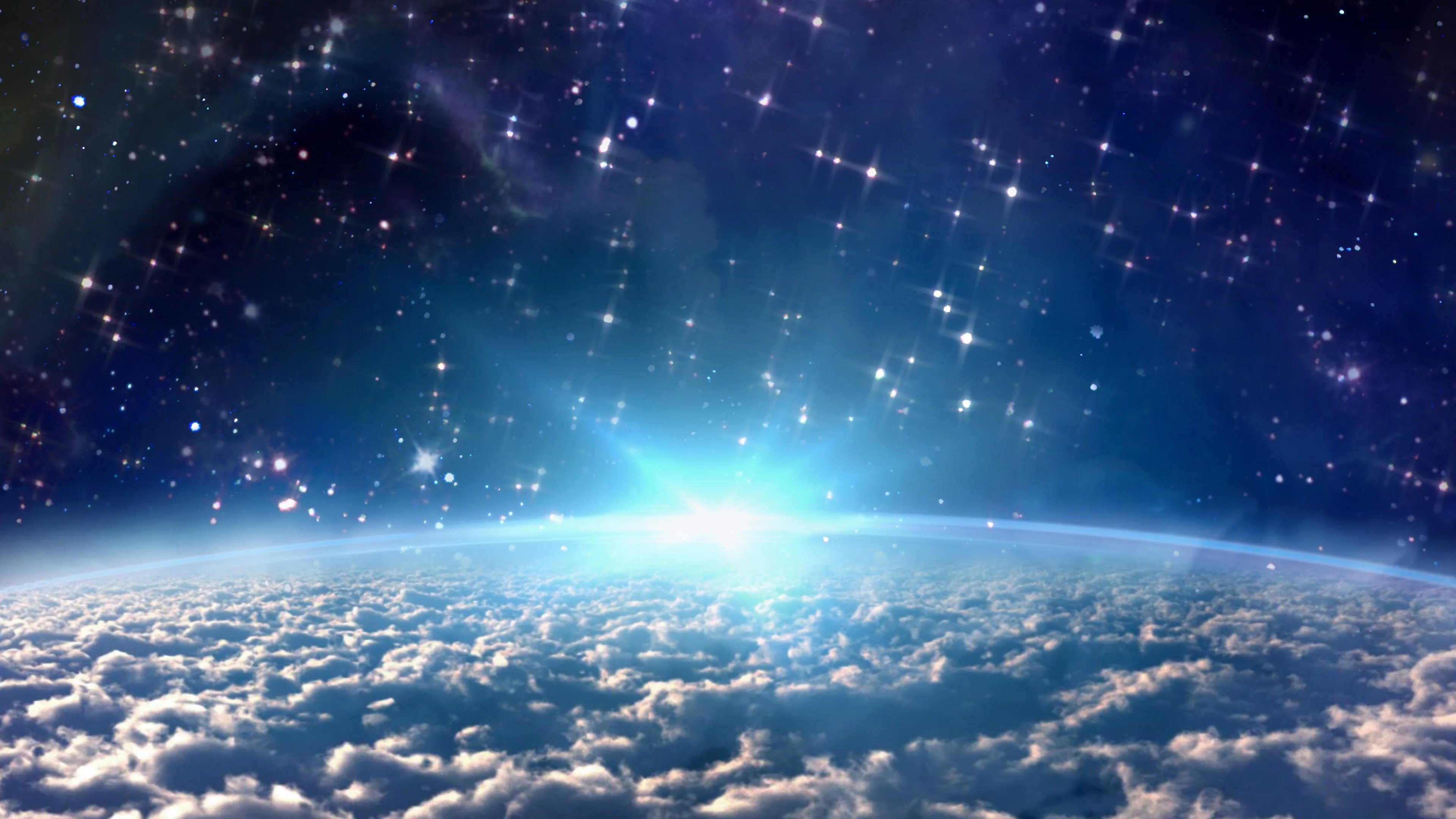 Blue-tinged sun rising above planet surface from orbit.