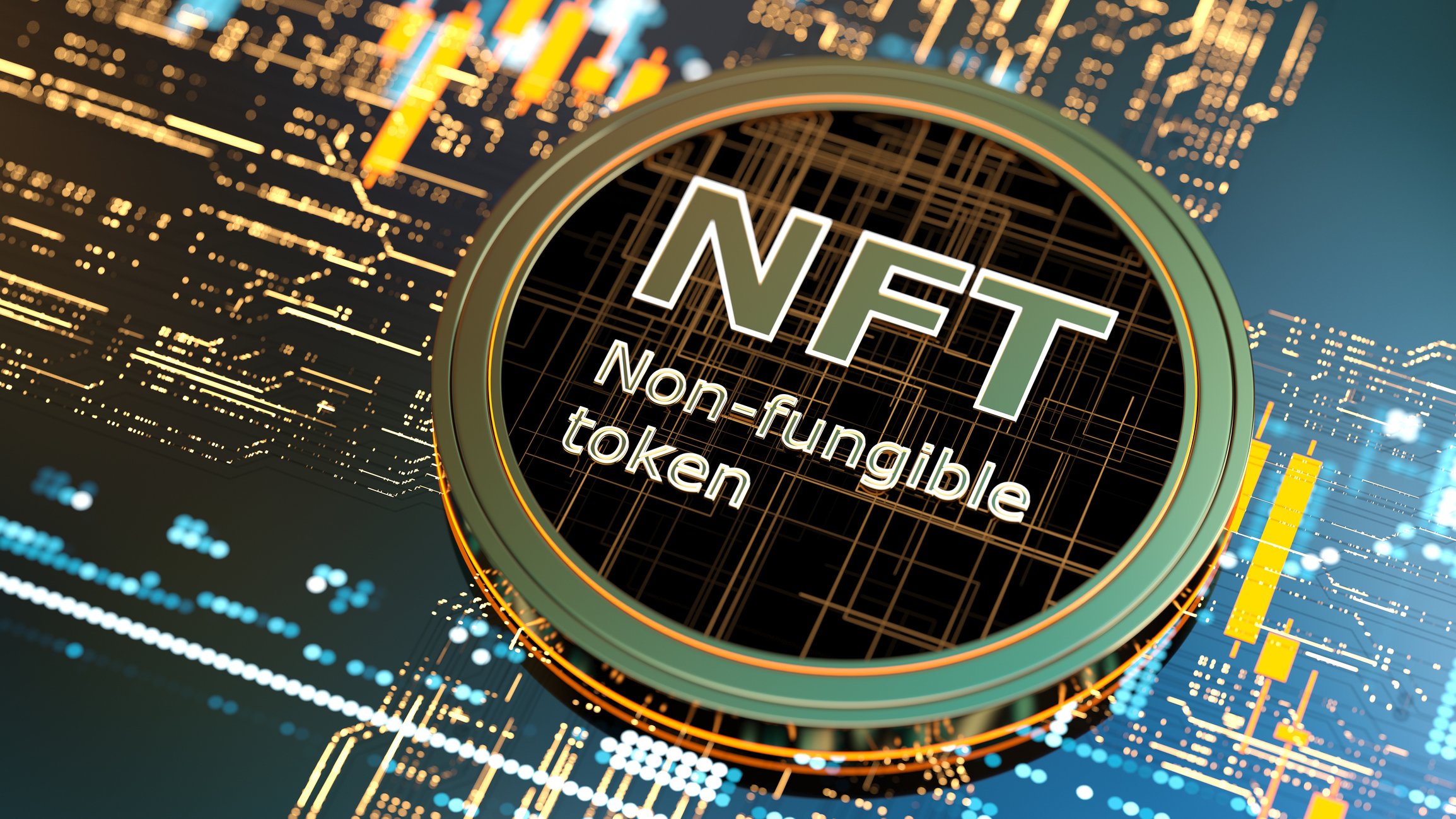 Non fungible token rests on a microchip.