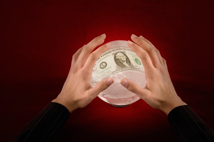 Crystal ball with image of dollar bill in it