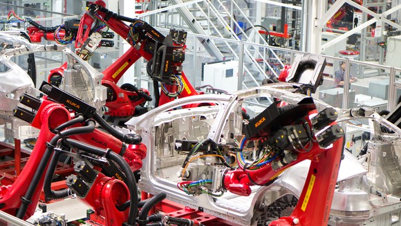 Vehicle production at a Tesla factory.