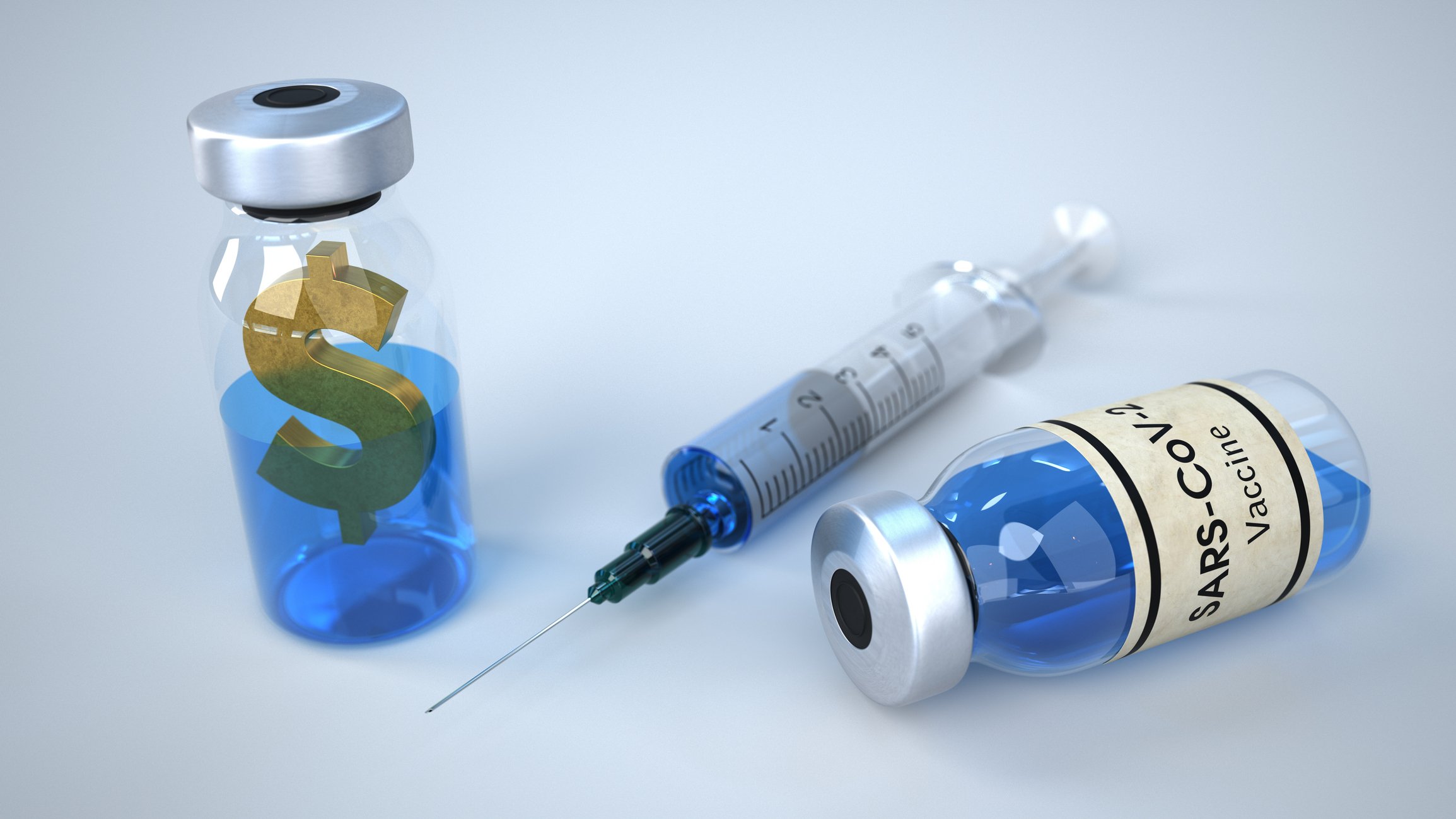 Vaccine vial with a dollar sign inside it, a syringe with a hypodermic needle, and another vial on its side labeled SARS-CoV-2 Vaccine