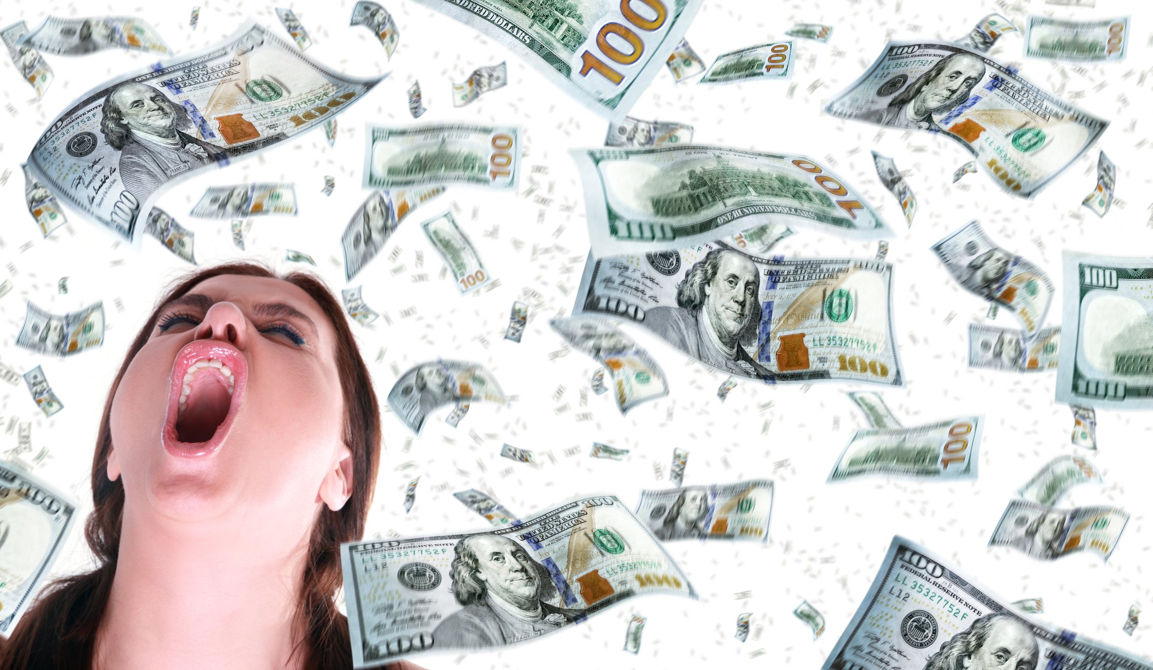 A woman screaming as $100 bills float around her.