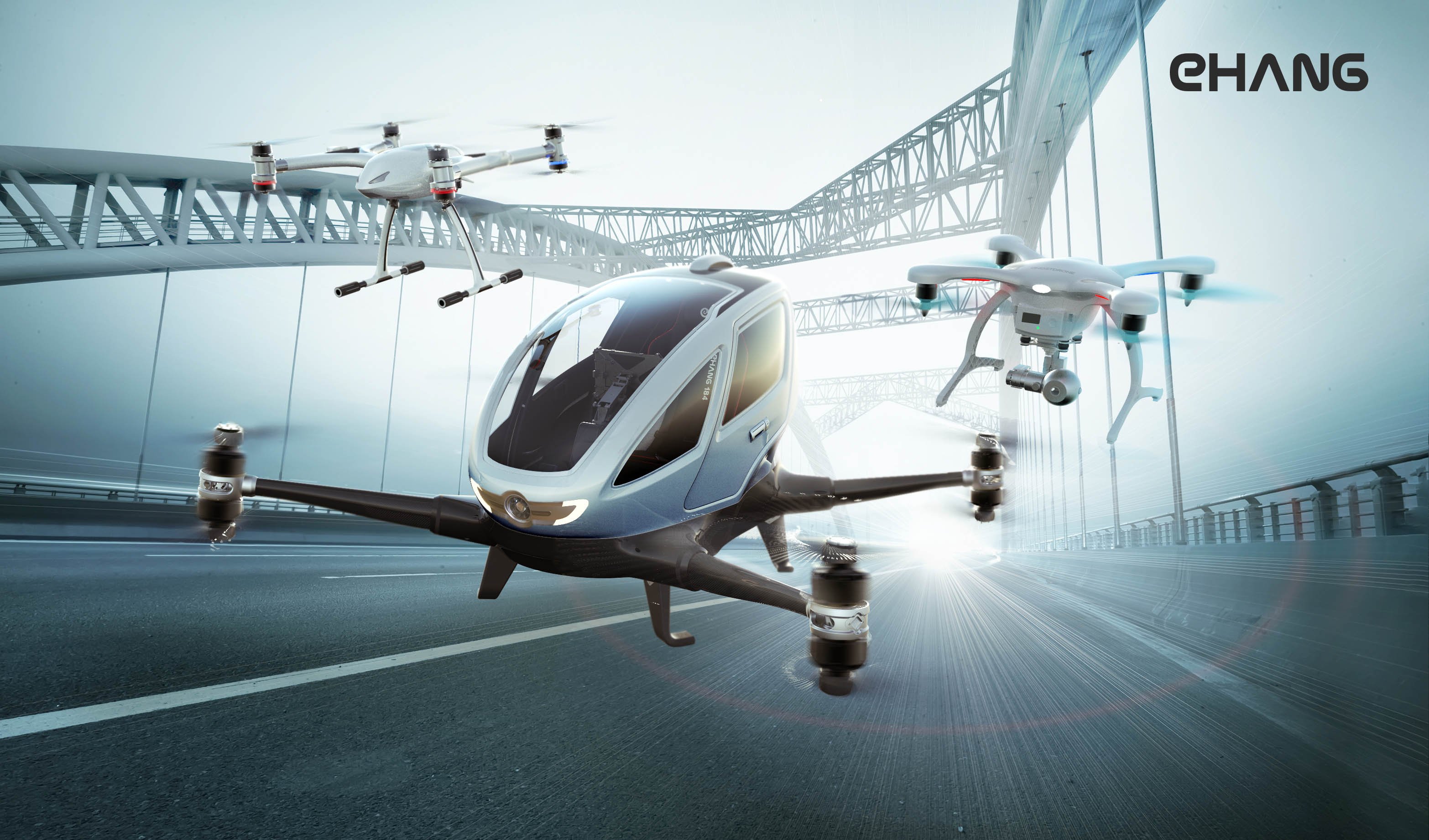 Concept art of EHang ariel vehicle flying above a bridge.