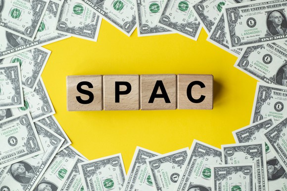 Blocks spelling 'SPAC' surrounded by dollars.