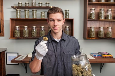young man at dispensary holds piece of marijuana