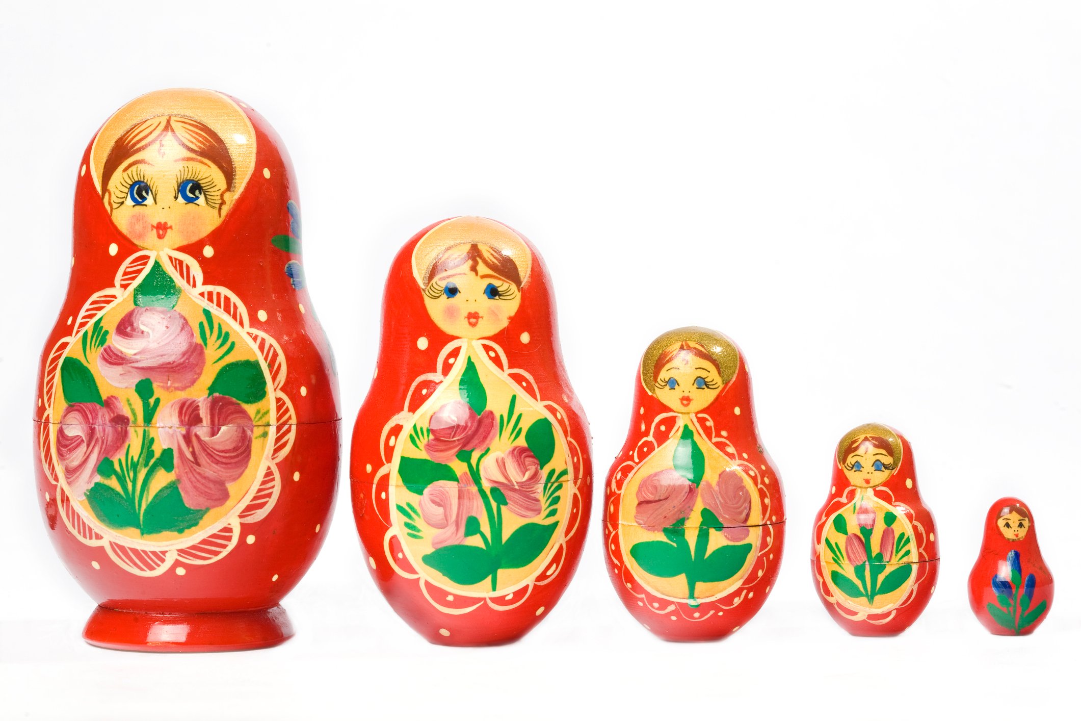 A row of Russian matryoshka dolls. 