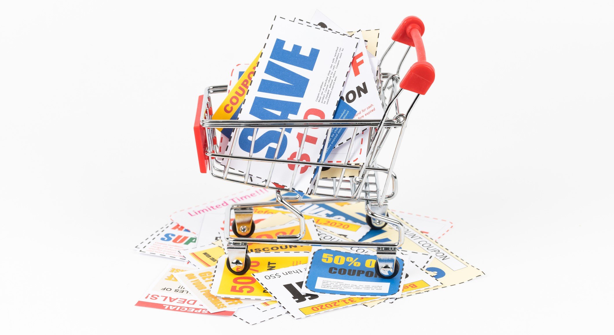 A shopping cart filled with coupons.